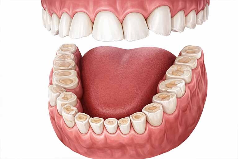 Dental illustration showing teeth grinding bruxism with worn enamel surfaces and occlusal wear on upper and lower teeth