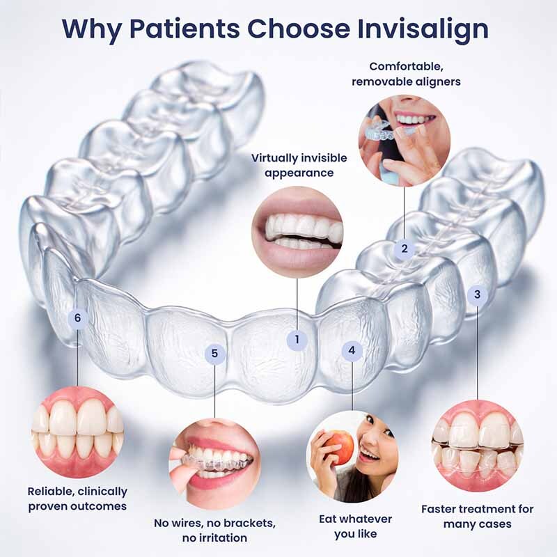 Invisalign clear aligners benefits infographic at Clock Tower Dental Care in Franklin Square NY showing removable trays, comfort, and aesthetic orthodontic results