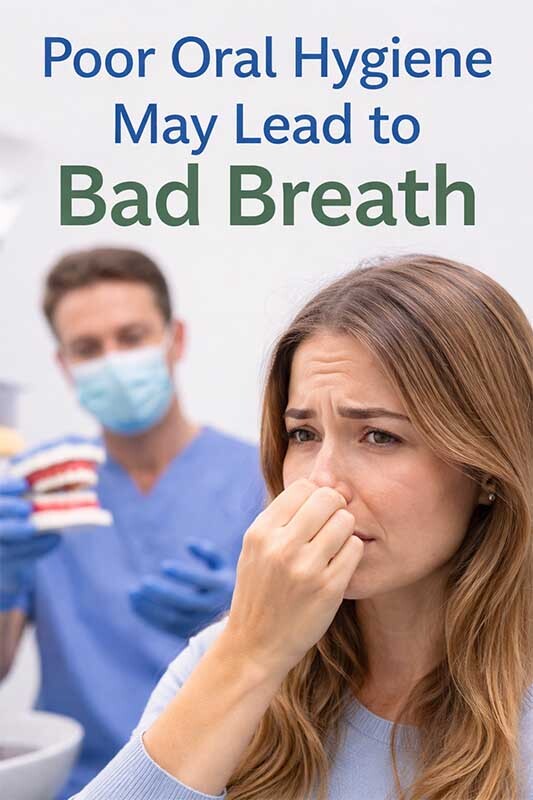 Woman covering her nose due to bad breath while a dentist holds a teeth model in the background, illustrating the effects of poor oral hygiene