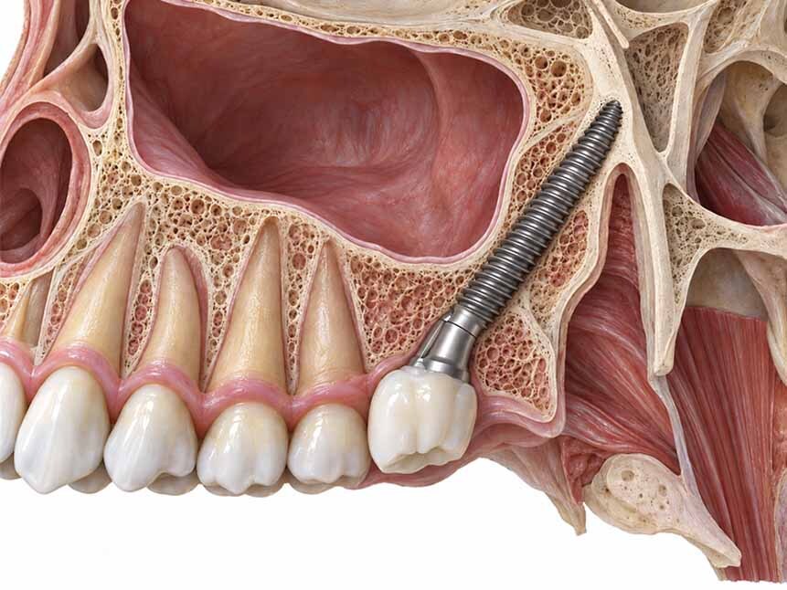 Pterygoid dental implant anchored behind the posterior upper jaw near the maxillary sinus