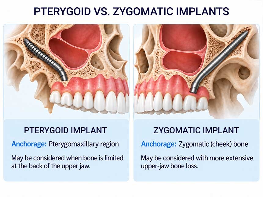 Illustration comparing pterygoid implant anchorage behind the maxillary sinus with zygomatic implant anchorage in the cheekbone.